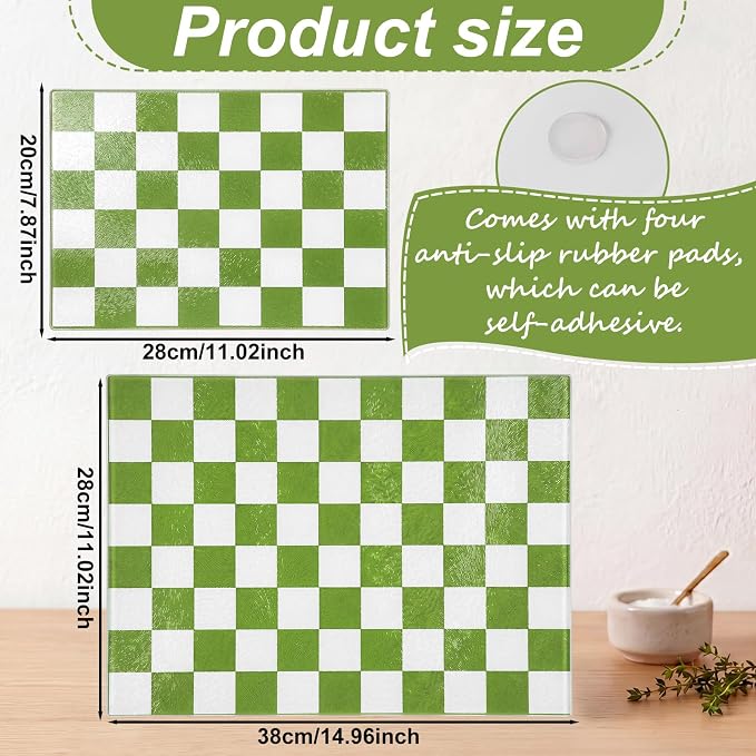 Thenshop Set of 2 Tempered Glass Cutting Boards Green Check Countertop Cutting Boards Heat Resistant with Non-slip Feet for Kitchen Counter Housewarming Wedding Gift 7.9x11inch+11x15 Inch