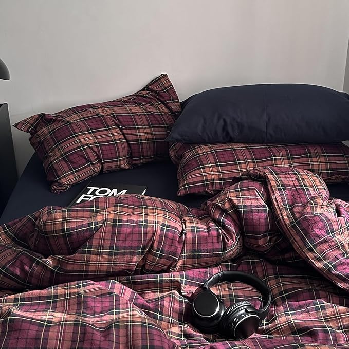 mixinni Vintage Buffalo Plaid Duvet Cover Set Twin XL Size – 3 Piece Washed Cotton Bedding for College Dorm, Soft & Breathable Burgundy Grid Comforter Cover with Retro Aesthetic for Teen Boys Girls