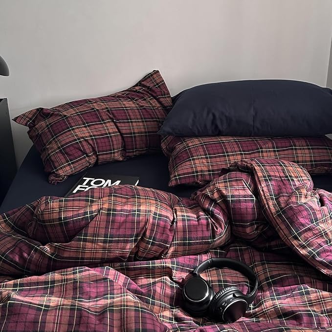 mixinni Vintage Burgundy Buffalo Plaid Comforter Cover Set Queen Size - 3 Piece Mid-Century Modern Washed Cotton Bedding, Soft Breathable Grid Duvet Cover with Matching Pillowcases for All-Season