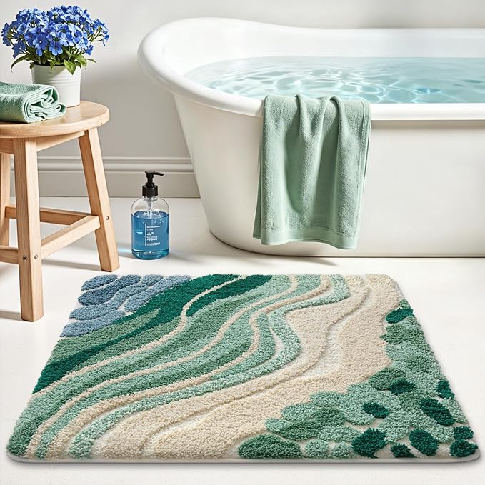LUMI Beach Bathroom Rug Square, Non Slip Bath Mat Quick Dry, Ultra Soft Washable Absorbent, Ocean Sea Theme Bath Rug for Shower Floor, Home Decor, Kids Room, Bathtub, 32"x32"