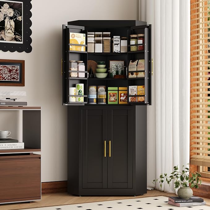 GAIOUS 63" Metal Corner Kitchen Pantry Cabinet, Food Storage Cupboard Black | Tall Steel Storage Cabinet with 4 Doors and 3 Shelves, Kitchen Food Cabinets with 6 Door Panel Shelves, Farmhouse, for Dining