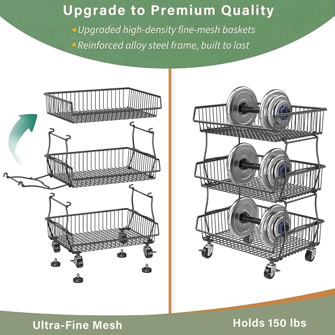 OKZEST Pantry Organizers and Storage Cart with Upgraded Metal Hub Casters | Fits under pantry shelf, Stackable fine-mesh wire baskets, 3-Tier rolling cart holds drink, snack, can, potato, onion, fruit