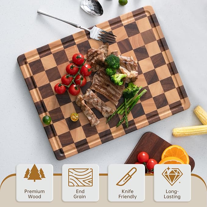 Checkered Cutting Board, Wooden Cutting Boards for Kitchen | Acacia Wood Cutting Board with Handle & Juice Grooves, Small Charcuterie Boards with Gift Box, 14" X 11" X 0.8"
