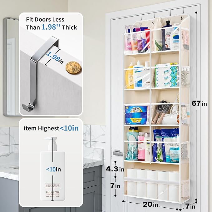 JARLINK Over the Door Organizer, Extra Large Storage for Bedroom, Beige | Anti-Tilt 100 lb Load Capacity, Hanging Door Organizer with 5 10 Mesh Pockets, Behind Door Storage for Bathroom, Nursery