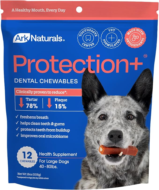 Ark Naturals Protection+ Brushless Toothpaste Chews - Large Breeds (12 ct) | Vet Formulated Dog Dental Chew with Toothpaste Center - Freshens Breath and Prevents Plaque & Tartar