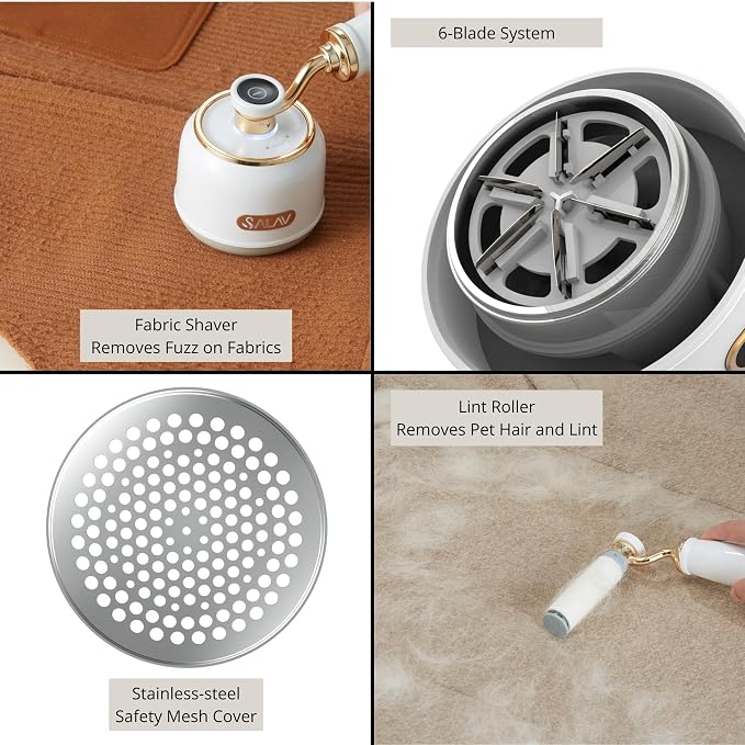 SALAV® Retro Edition Rechargeable Fabric Shaver and Lint Roller with 6-Blade System Removes Fuzz and Piling on Fabrics, with Charging Cable and Mini Brush (Pearl)