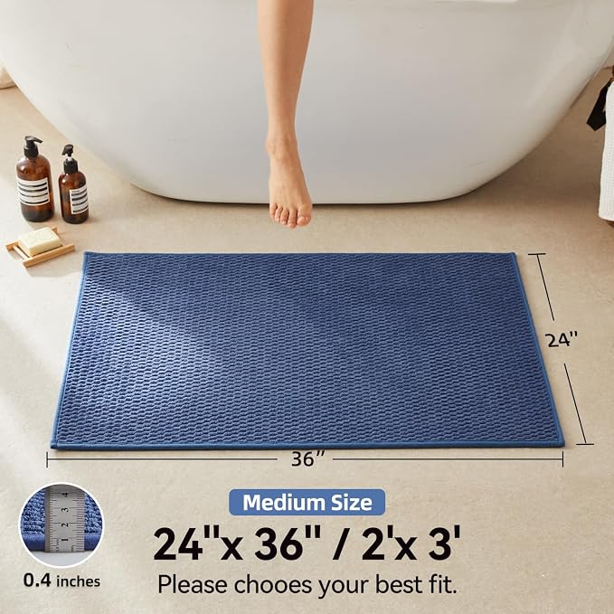 Triohero Bathroom Rugs Non Slip Washable, Super Absorbent Thin Bath Mat Quick Dry Low Pile Bathroom Rug, Denim Blue 24"x36"