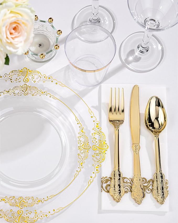 Nervure 350PCS Clear Gold Plastic Plates - Gold Plastic Dinnerware Sets for 50 Guests - 100 Disposable Plates, 150 Silverware, 50 Cups, 50 Napkins for Wedding & Party