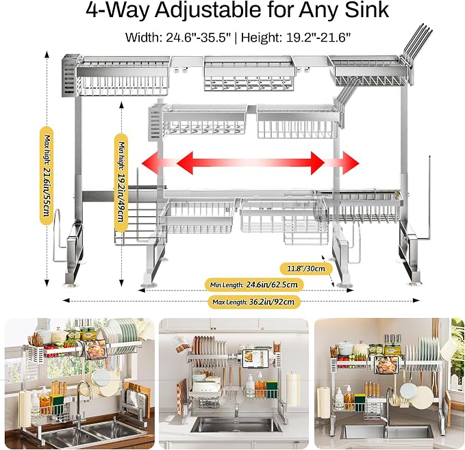 ADBIU Luxurious 304 Stainless Steel Over Sink Dish Drying Rack (Suitable for Sink Length 24.6"- 36.2") Snap-On Design 2 Tier Large Kitchen Dish Rack Stainless Steel Counter Organization and Storage
