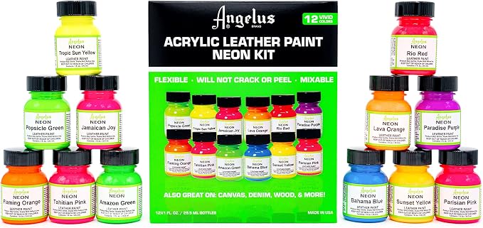 Angelus Neon Acrylic Leather Paint Set – 12 Vibrant Colors, 1 oz Each – Non-Toxic Leather, Canvas, Wood Paints for Customization and Crafting. Flexible, Mixable, Made In USA