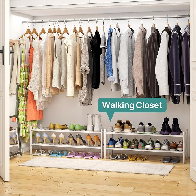viewcare Long Shoe Rack for Entryway,Shoe Organizer for Hallway Closet, Bamboo Wood Shoe Racks for Indoor Outdoor (White, 2-Tier Long)