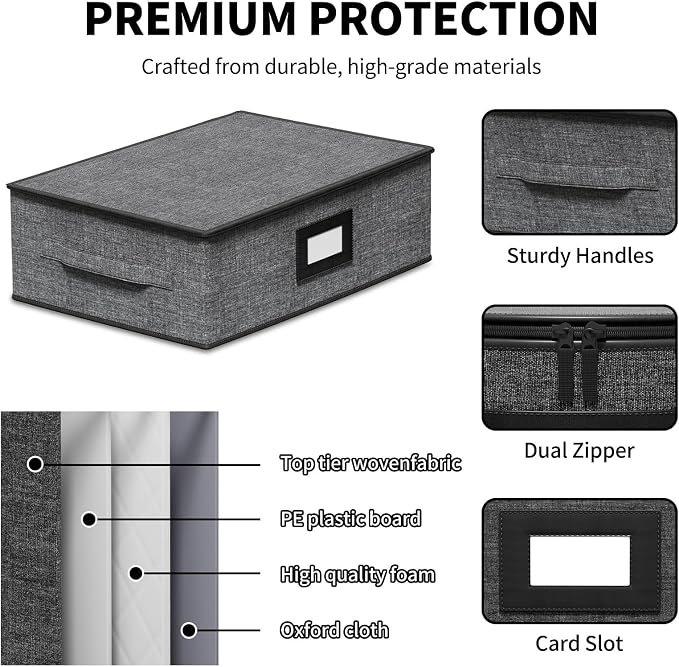 2-Pack Cup Storage Box with Dividers, Hard Shell Mug Organizer with Lid | Holds 24 Mugs, Teacups & Glasses, Quilted, Dual Zippers, Reinforced Handles, Stackable, Moving and Seasonal Storage, Grey