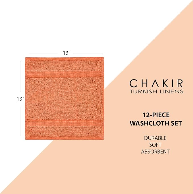 Chakir Turkish Linens 12 Piece Washcloth Set, 100% Cotton Luxury Turkish Washcloths for Bathroom, Soft Absorbent Washcloths, 13 x 13 Inches, Coral