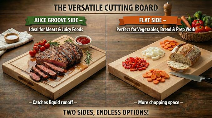 16 in. x 24 in. Maple Wood Cutting Board, Reversible with Juice Groove and Smooth Side, Thick Butcher Block Style Prep Board with Built-In Handles for Kitchen, BBQ, Meat Carving and Serving
