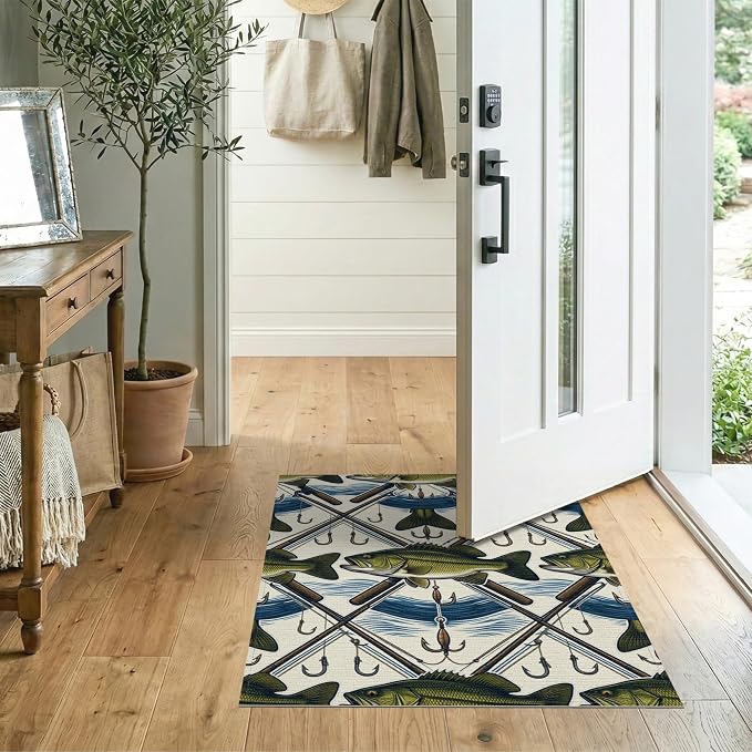 2'x3' Washable Area Rug Bass Angler Hook Lure Frame Tackle Motif Border Fish Fishing Refined Structured for Bedroom, Nursery, RV, Pet Friendly & Kids Safe Bedside