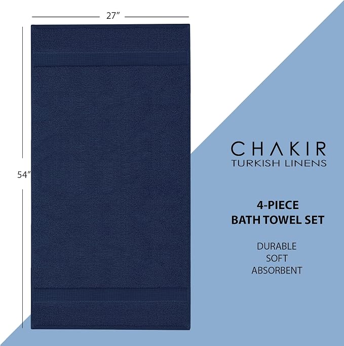 Chakir Turkish Linens 4 Piece Bath Towel Set, 100% Cotton Luxury Turkish Towels for Bathroom, Soft Absorbent Bath Towels, 27 x 54 Inches, Navy