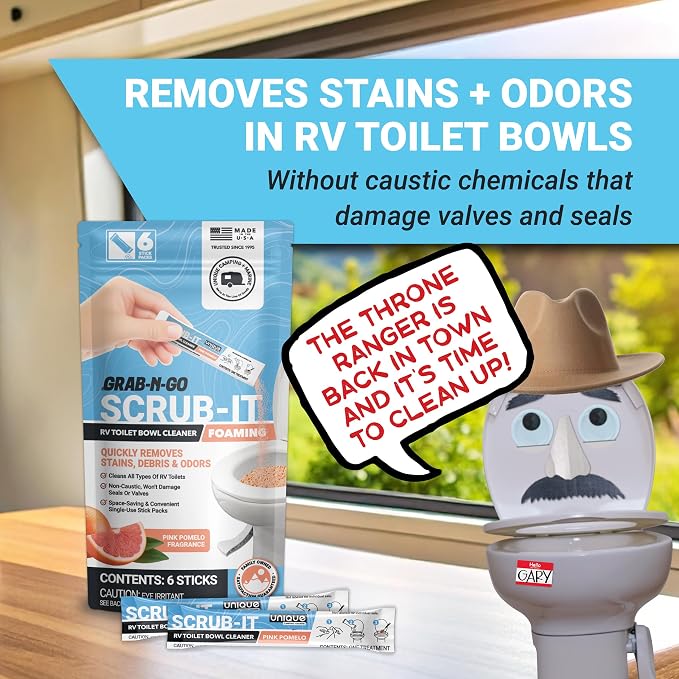 Unique Scrub-It Foaming RV Toilet Cleaner - Pink Pomelo Scent, 6 Count Stick Packs, Premeasured, No-Mess, Grab-N-Go Powder Removes Stains from RV Toilet Bowls, Helps Lubricate Valves and Seals