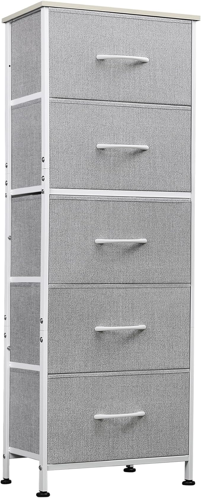 WLIVE Fabric Dresser, 5-Drawer Tall Dressers for Bedroom, Storage Dresser Organizer with Fabric Bins, Wood Top, Sturdy Steel Frame, Chest of Drawers for Closet, Hallway, Light Grey
