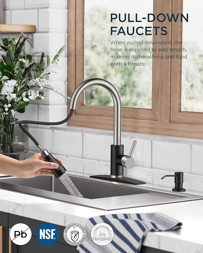 FORIOUS Kitchen Faucets with Soap Dispenser and Pull Down Sprayer, Bar High Arc Single Handle Classic 3 Modes Stainless Steel Faucet for Kitchen Sink Farmhouse RV Laundry Camper, Black Brushed