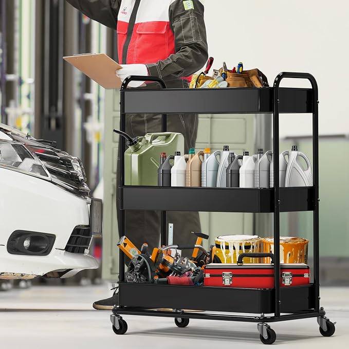 Simple Houseware 26" Extra-Wide 3-Tier Heavy Duty Metal Utility Cart, Black | High-Capacity Rolling Cart Organizer for Spa, Salon, Office, and Home Storage