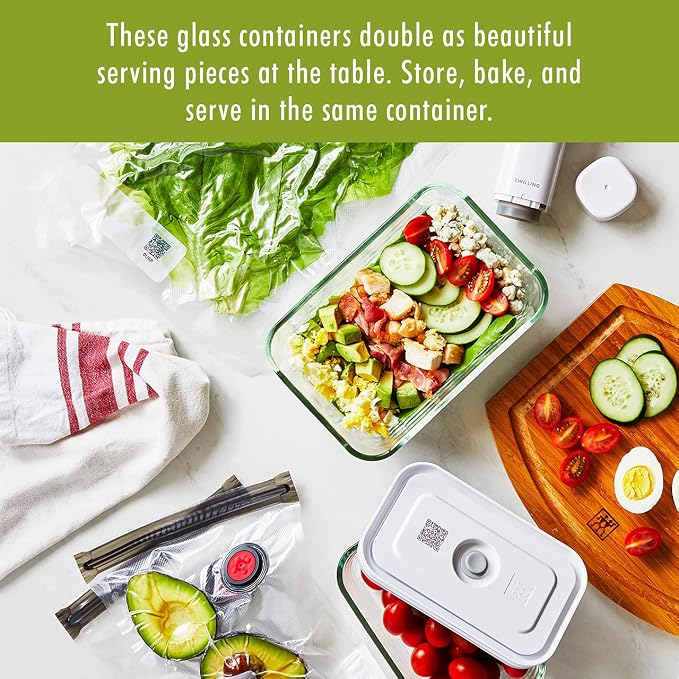 Zwilling Fresh & Save 3-Pc Glass Food Storage Container Set | Airtight Glass Containers Keep Food Fresh Up to 5X Longer with the Fresh & Save Vacuum Pump (Pump Not Included).