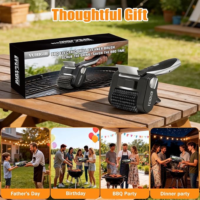 Electric Grill Brush, BBQ Grill Cleaner for Outdoor Grill with LED Light Removable 304 Stainless Steel Brush Head Cordless Grill Cleaning Brush 150 Mins Runtime No Bristle Shedding for Barbecue Grates