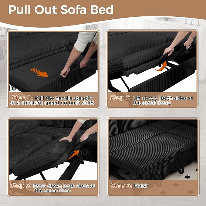 Oversized U-Shaped Sectional Sleeper Sofa for Living Room, Black | Modular Design, Pull Out Bed, Hidden Storage Space, Soft Corduroy, USB Charging, Cup Holders, Easy Assembly