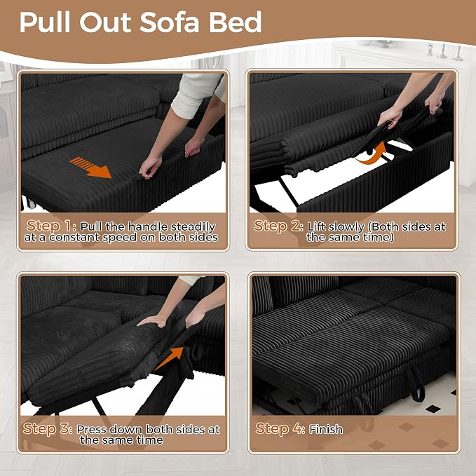 U-Shaped Couch with Pull-Out Bed. Sectional Sleeper Sofa, Black | Hidden Storage, USB & Type-C Port, Cup Holders, Cloud Corduroy, Modular Design for Living Room, Apartment, Easy Assembly