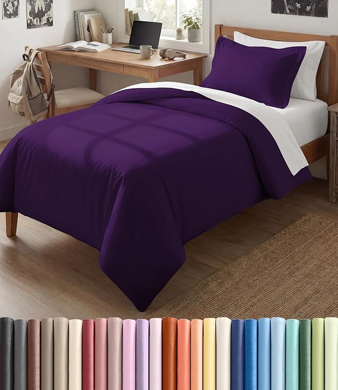 Duvet Cover Twin/Twin XL Size Set - Extra Soft Twin/Twin XL Duvet Cover 68" x 90" with 1 Pillow Sham for Women, Men, Kids & Teens - Comfy, Easy-Care & Fade Free with Zipper Closures and Ties (Purple)