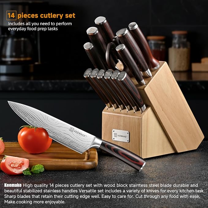 14 Pcs Kitchen Knife Set with Block, Ultra Sharp Knife Block Set | Japanese High Carbon Stainless Steel, Professional Chef Knife Set with Ergonomic Pakkawood Handle and Sharpener