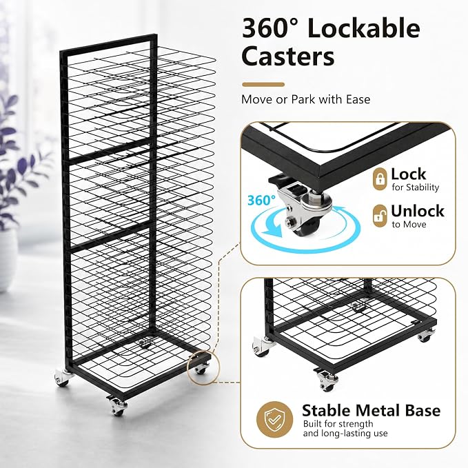 Art Drying Rack 27 Removable Shelves,Mobile with Locking Wheels, Heavy-Duty Metal Paint Drying Stand for Canvas, Artwork, Classroom, Art Studio, School