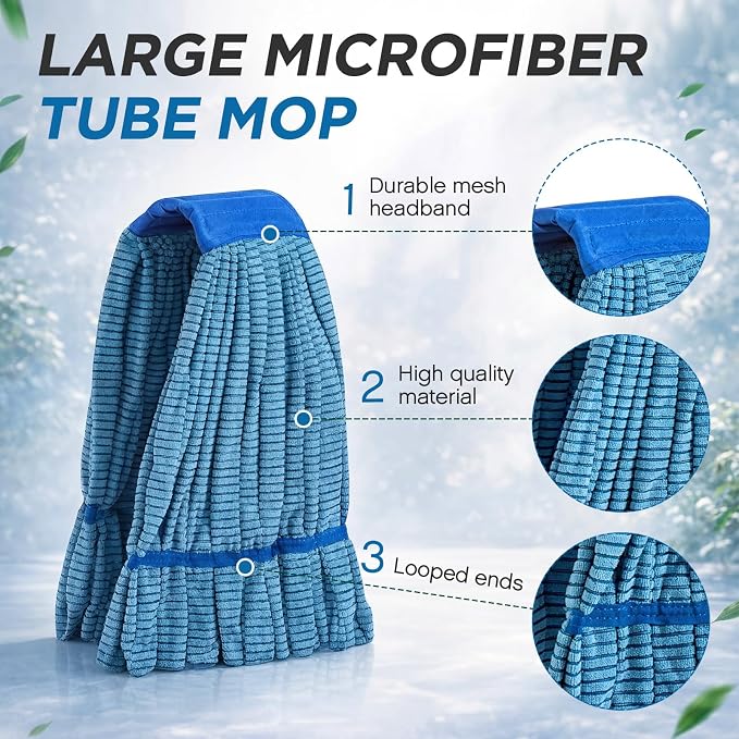 Hushee 6 Pack Large Microfiber Tube Mop Heads 18 oz Heavy Duty Commercial Industrial Wet Mop Head Refill Reusable Machine Washable Looped End Mopheads for Hardwood, Tile, Laminate Floors (Blue)