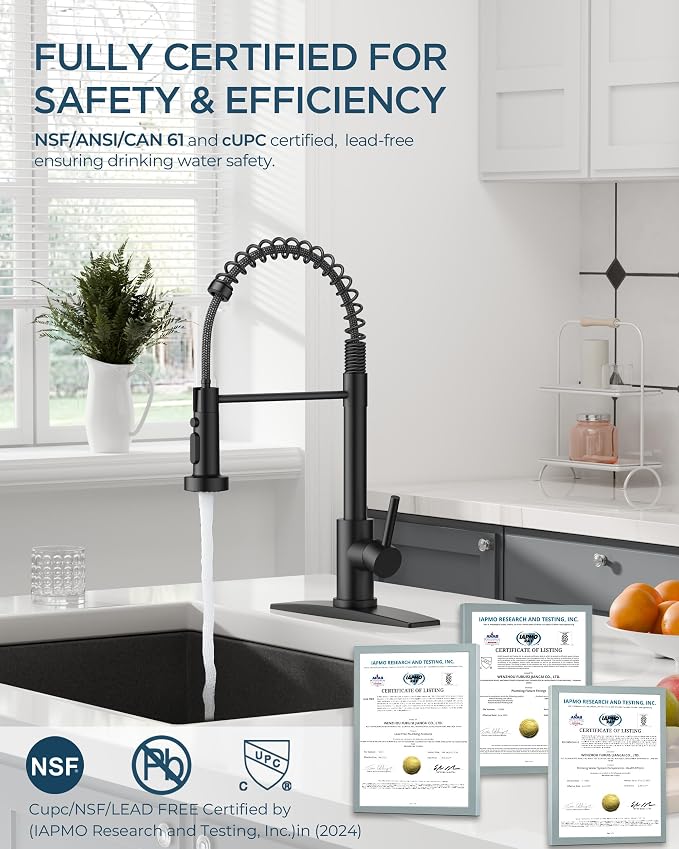 FORIOUS Black Kitchen Faucet with Pull Down Sprayer, Stainless Steel Single Handle Classic Spring Commercial Sink Faucet for Laundry & Utility Room RV Camper Bar Farmhouse