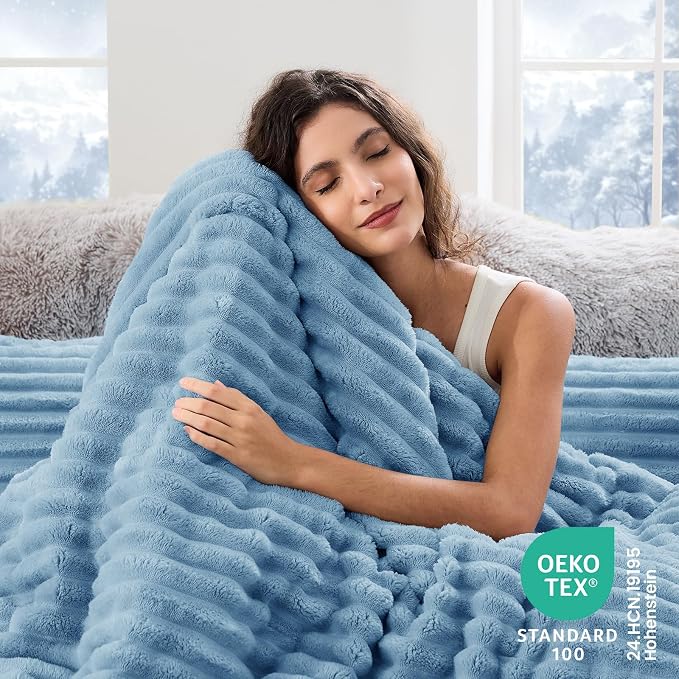 Sasttie Queen Comforter Set 3 Pieces - Super Soft Fleece Comforters Queen Size, 1 Luxury Warm Fuzzy Marshmallow Comforter with 2 Pillow Cases, Faux Fur Down Alternative Bedding Set, Greyish Blue