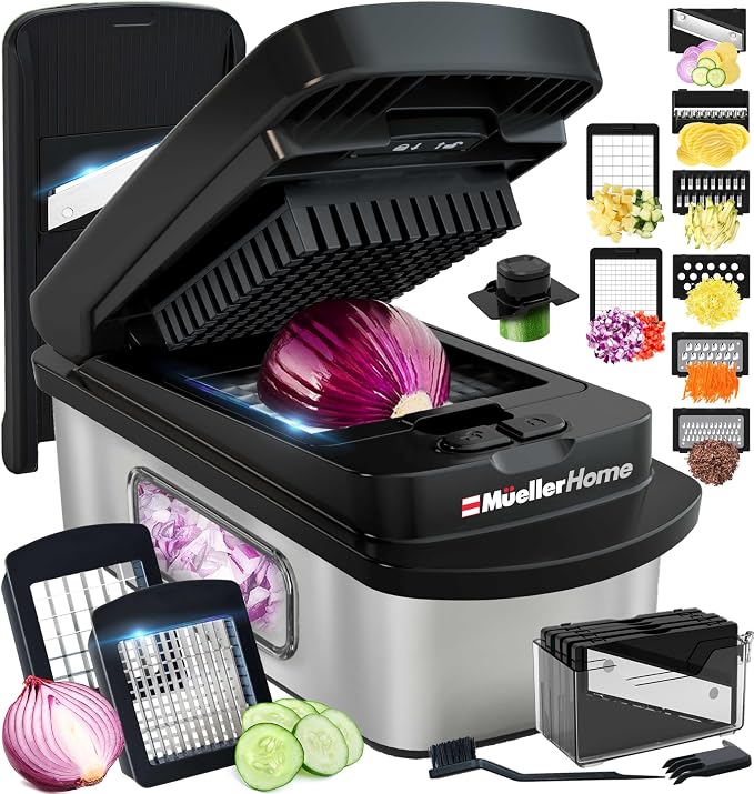 MUELLER HOME Pro-Series 10-in-1, 8 Blade Stainless Steel Multi Vegetable Chopper And Mandoline Slicer, Kitchen Tools and Gadgets, Food and Veggie Chopper, Mincer, Dicer, French Fry Cutter, Black