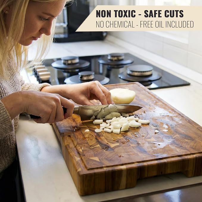 Teak Wood Cutting Board for Kitchen, End Grain Extra Thick Butcher Block | 20 x 12.2 Inch (ExtraThick 1.7") Professional Heavy Duty Hardwood Non Toxic Wooden Chopping Board (Oil & Plate Included)