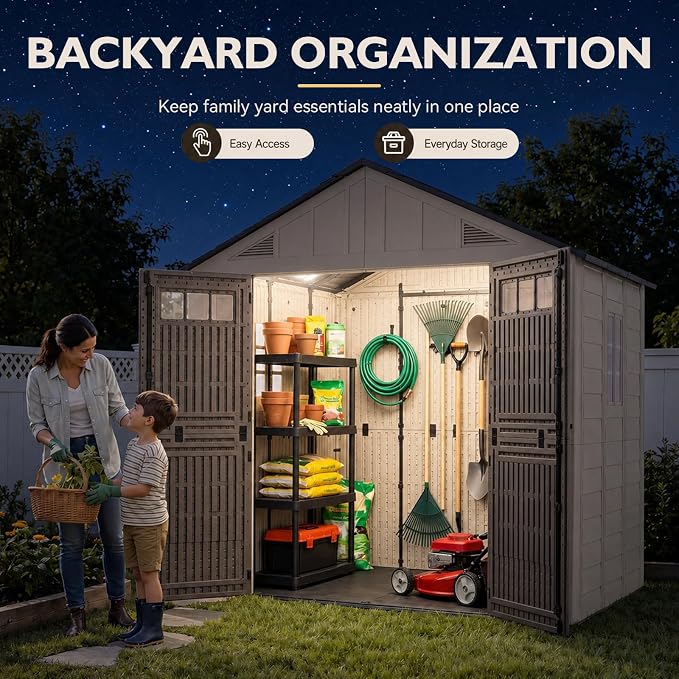 Aoxun 8x8 Ft Outdoor Storage Shed with Lighe & Floor, Large Resin Outdoor Shed with Lockable Door & Windows, Garden HDPE Sheds for Lawn Tools, Pool Supplies & Bikes