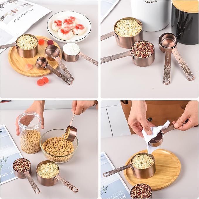 Measuring Cups and Spoons Set 10, Copper Measuring Cups and Spoons Set for Baking & Kitchen, Metric & US Stainless Steel 4 Measure Cups and 5 Spoons with Leveler