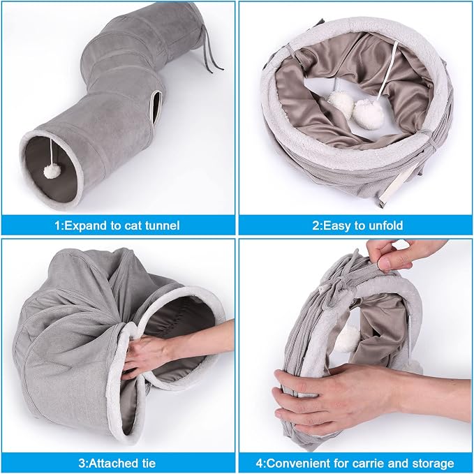 Ownpets S-Shape Cat Tunnel Toy 48"L x 10"D, for Cats, Puppies & Small Pets | Collapsible for storage, tear-resistant oxford fabric, connects to other tunnel, with peek hole, feather wand, indoor/outdoor