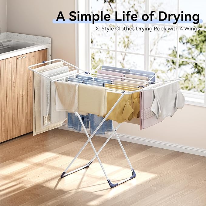 APEXCHASER Clothes Drying Rack, Metal Drying Rack Clothing, Laundry Rack Foldable, Space-Saving, Free-Standing Airer with 4 Gullwings, Indoor Outdoor Use, 55.12"*37.8"*17.52", White