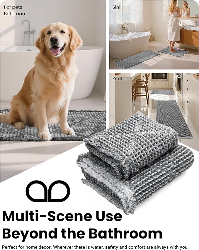 Furicher Waffle Bath Mat Set, Non Slip Bathroom Rugs Sets 2 Piece, Ultra Absorbent Bathroom Runner Rug for Boho Bath Room Decor, Machine Washable Boho Mats, Grey & Light Grey, 20"×47" Plus 18"×30"