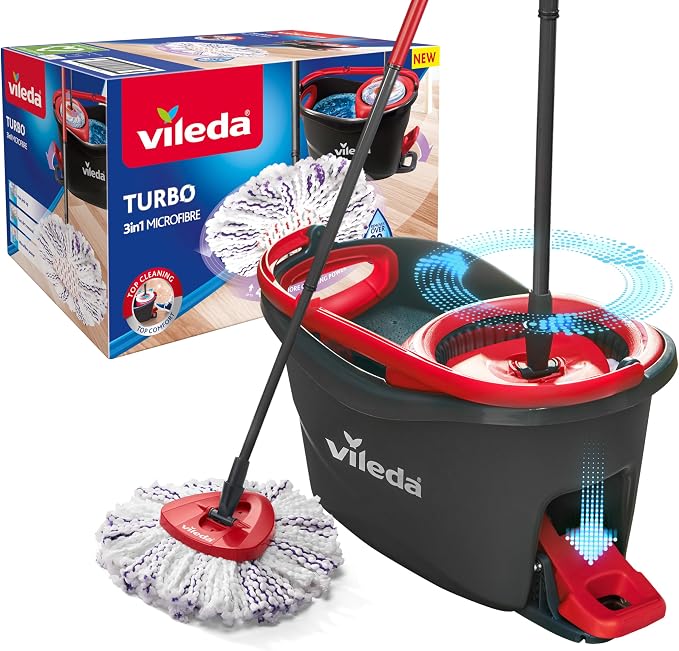 Vileda Turbo Deep Clean Spin Mop and Bucket Set with Foot Pedal Wringer | Telescopic Handle 65–131cm, Microfibre Mop Head with Scrub Pad, Machine Washable, Cleans Hard Sealed Floors, 5 Year Guarantee