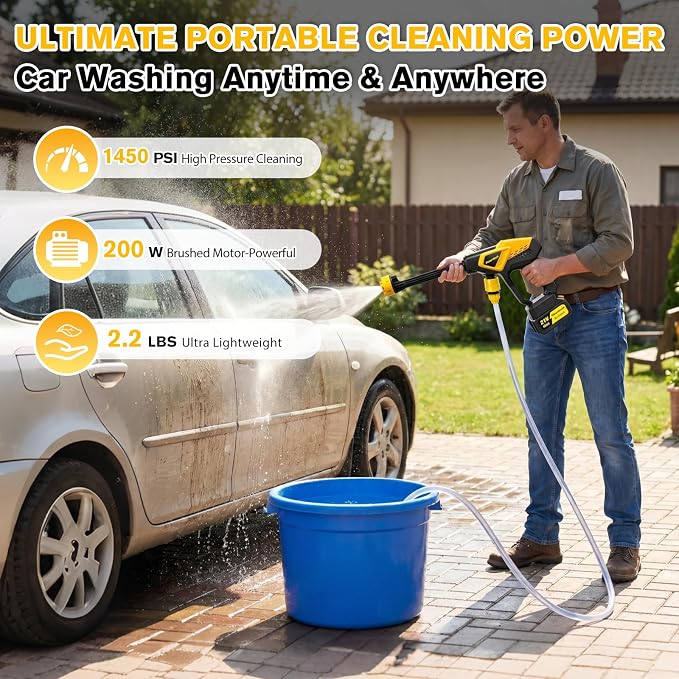 Cordless Pressure Washer, 1450 PSI Portable Power Washer with 6-in-1 Nozzle | Battery Powered Pressure Washer, Handheld Power Washer Cleaning Tool for for Car Wash, Garden, Patio & Home