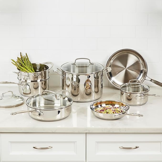 Cuisinart Chef’s Classic 11-Piece Stainless Steel Pots and Pans Set, Cookware Set Compatible with Induction, Electric, Gas Cooktops, Aluminum Core for Even Heat, Cool Grip Handles, Dishwasher Safe | Cuisinart stainless steel cookware set, dishwasher sa...