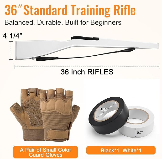36" Color Guard Rifle, Wooden Drill Rifle for Winter Guard, Tan Gloves | Glossy Finish, Black Leather Strap, 1.5-2 lbs Balanced, Foam Padded Ends, Includes Tan Gloves & 2 Tapes