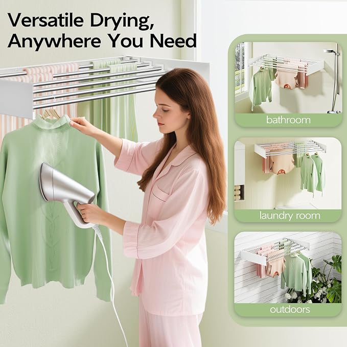 Vikaqi Wall Mounted Clothes Drying Rack 40 inches, Foldable Wall Mount Laundry Rack Folding Indoor, Drying Rack Clothing Collapsible, Hidden Space Saver with Wall Template, 6 Rods, White