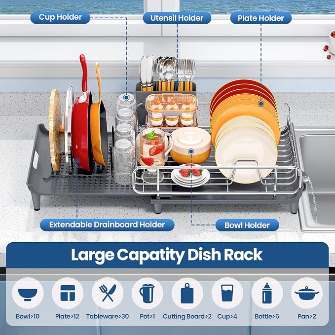 NTD Expandable Dish Drying Rack for Kitchen Counter, 16.7"-26.8", Gray | Large Multifunctional Dish Drainers, Anti-Rust, with Cutlery & Cup Holders, Self-Draining Drainboard, FIts for 4-5 People