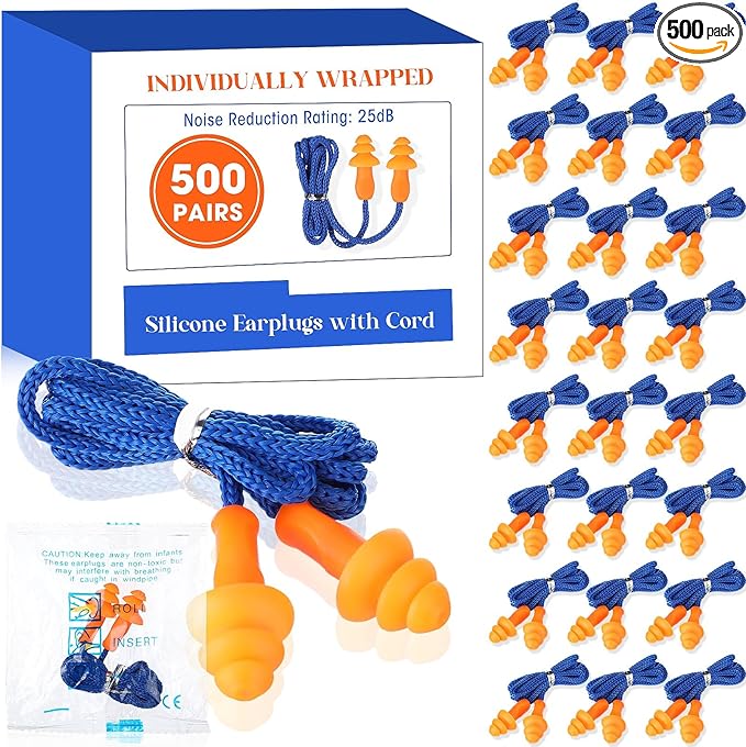 Relaxweex 500 Pairs Corded Ear Plugs Bulk 25dB NRR Reusable Silicone Ear Plug with String Individually Wrapped Earplugs for Sleeping Noise Reduction Hearing Protection Shooting Construction Work