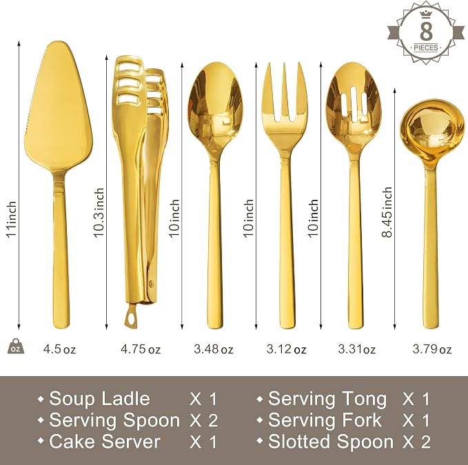 18/10 Large Hostess Gold Serving Utensils,Stainless Steel Serving | Heavy Duty Serving Set, 10-inch Serving Utensils, Slotted Spoons, Forks, Tongs, Cake Pie Server for Buffet, Wedding, Parties