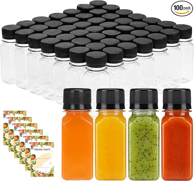 TOMNK 100pcs 2oz Plastic Shot Juice Bottles with Caps, Reusable Clear Bulk Beverage Containers for Ginger Shot, Juice, Milk and Other Beverages
